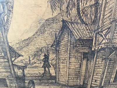Lot 153 - Peter Rice, British 1928-2015, stage designer and artist. Pen and ink / pencil on laid brown paper, set design backcloth for “The Violins of St. Jacques”. Inscribed and with gallery label verso. 38...
