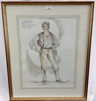 Lot 118 - Watercolour costume study for “The London Sinfonietta, Royal Festval Hall, May 1984, January 1988.”, “L’Heure Espagnole, Ravel Ramiro, The Muleteer. Stephen Roberts.”. Signed in Monogram and dated...