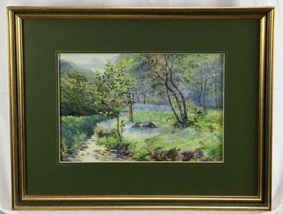 Lot 186 - Watercolour of a woodland scene with girl, signed and dated lower right “WH Rider, 1902”. Framed. 23x34cm