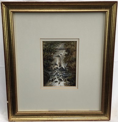 Lot 106 - 19th century watercolour study, figures on a bridge above a waterfall. Framed. 16x12cm