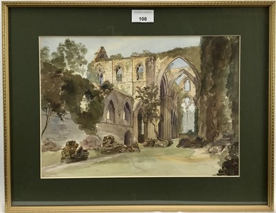 Lot 108 - 19th century watercolour architectural study, Tintern Abbey, label to verso “Written on reverse of painting - 11th July 1844, Tintern Abbey towards the east.”. Framed. 24.5x34cm