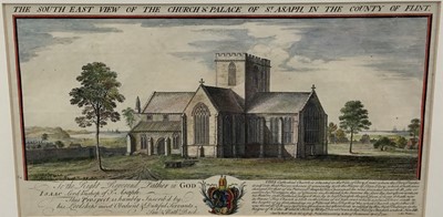 Lot 195 - 18th century coloured engraving, “The South East View Of The Church And Palace Of St Asaph In The County Of Flint”. Samuel & Nathaniel Buck del. et sculp. Published according to Act of Parliament A...