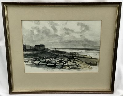 Lot 112 - George James Drought, British b.1940. Watercolour and pen study on paper, “Towyn Beach”. Signed lower right. Framed. 23x32cm