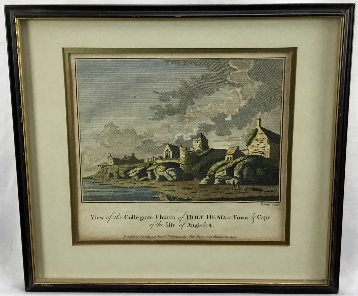 Lot 67 - 18th century coloured engraving, “View of the Collegiate Church of Holy Head, a Town and Cape of the Isle of Anglesea”. Published by Alexander Hogg. Framed. 16x18cm