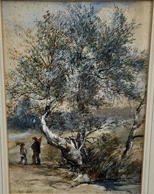 Lot 89 - David Cox, British 1783-1859. Watercolour, figures walking beside a stream and tree. Signed with initials and dated 1845 lower left. Framed and mounted. Overall including frame 43x34cm