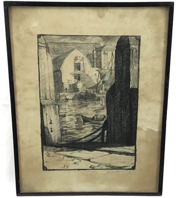 Lot 95 - Leslie Moffat Ward (British 1888-1978) two signed prints “The Newfoundland Warehouse, Poole” and “The Harbour Office, Poole”. Both signed and dated in pencil, 1911. Framed. 40.5x31cm