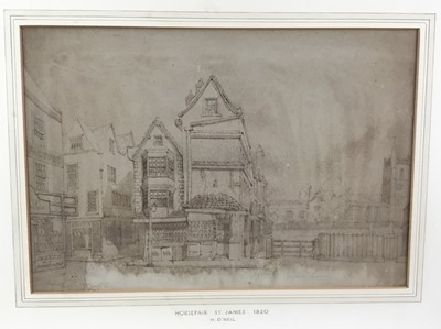 Lot 185 - Early 19th century sepia watercolour, titled lower left “Horsefair St James”, initialed “HON” and dated 1820. The scene with shops and butchers beside Silver Street. Framed and mounted. Overall inc...
