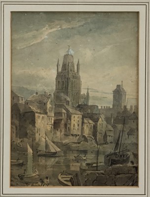 Lot 180 - Nicholas Pocock, British 1740-1821. Watercolour, harbour scene with boats, Cathedral and city in the distance. Signed N Pockock Lower left. Framed and mounted. Overall including frame 46.5x39cm
