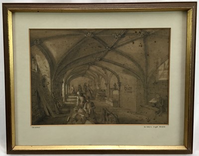 Lot 110 - . JA Hirst, British 19th century School. Graphite heightened in white chalk. Mount titled “St John’s Crypt, Bristol”. Georgian or Early Victorian figures inspecting artefacts in the Crypt. Gilt fra...