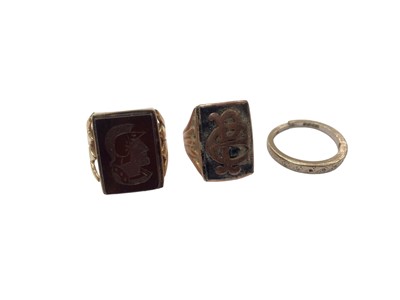 Lot 1105 - Yellow metal intaglio ring depicting a Roman soldier's head, antique yellow metal broken ring and 18ct gold dimaond set eternity ring (cut)