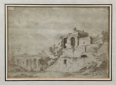 Lot 92 - Attributed to Richard Wilson, British 1714-1782. Grand Tour graphite and ink wash on laid paper, titled upper right “Walls of Rome”. Framed with mount. Overall including frame 35.5x41.5cm