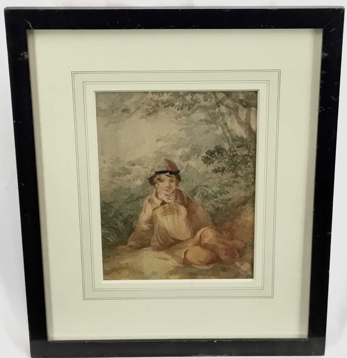 Lot 93 - Early to mid 19th century British School, watercolour of a boy sitting beneath a tree wearing a school cap. Framed and mounted. Overall including frame 40x34cm