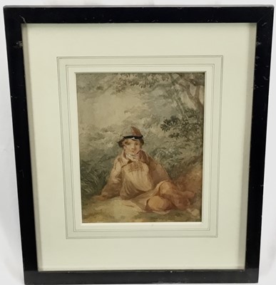 Lot 93 - Early to mid 19th century British School, watercolour of a boy sitting beneath a tree wearing a school cap. Framed and mounted. Overall including frame 40x34cm