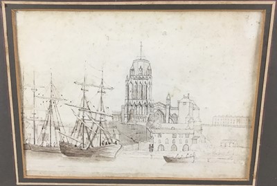 Lot 117 - 18th or early 19th century British School. Pencil and sepia wash, boats in harbour with city in the distance. Titled to picture verso “St Mary Redcliffe, Bristol…”. Framed and mounted. Overall incl...