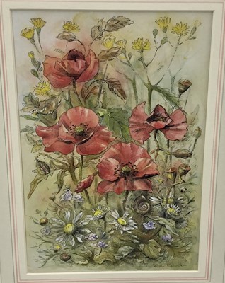 Lot 114 - Elizabeth Bairstow, Contemporary British School. Watercolour and ink study, wild flowers with poppies. Signed lower right. Gallery label verso titled “Summers Day” and dated “1989”. Framed and moun...