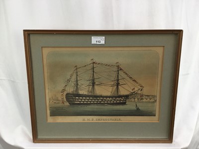 Lot 113 - Pair of 19th century coloured engravings, HMS Impregnable. One engraving dated 1879. Framed and mounted. Overall including frame 36.5x46cm