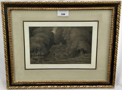 Lot 169 - Attributed to William Turner of Oxford, British 1789-1862. Graphite drawing, cottage in woodland at night. Inscribed verso. Framed and mounted. Overall including frame 32x40cm