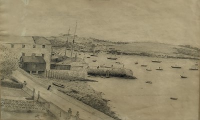 Lot 172 - Victorian 19th century folk naive school graphite drawing, harbour scene with boats, village and extensive Harbourside view, rolling landscape in the distance. In period oak frame. Overall includin...