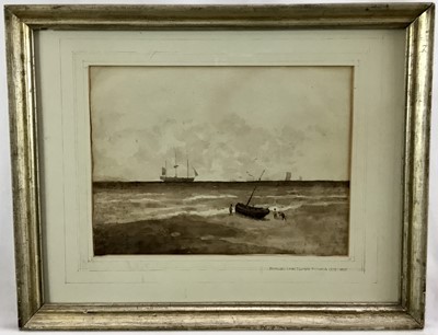 Lot 71 - Inscribed to Francois Louis Thomas Francia, French 1772-1839. Sepia watercolour, fisherman pulling boat to shore with ship in the distance. Verso inscribed and on watermarked paper 1798. Framed and...