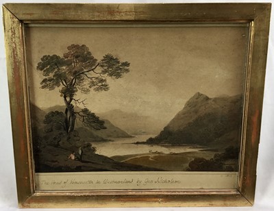 Lot 81 - George Nicholson, British 1787-1878. Watercolour, “The head of Hawswater in West Morland”. Signed and titled verso. In period gilt frame with inscribed mount. Overall including frame 28x33.5cm