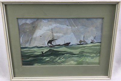 Lot 69 - Watercolour study of ships at full sail in stormy seas. In white painted frame with mount. Overall including frame 25x32.5cm