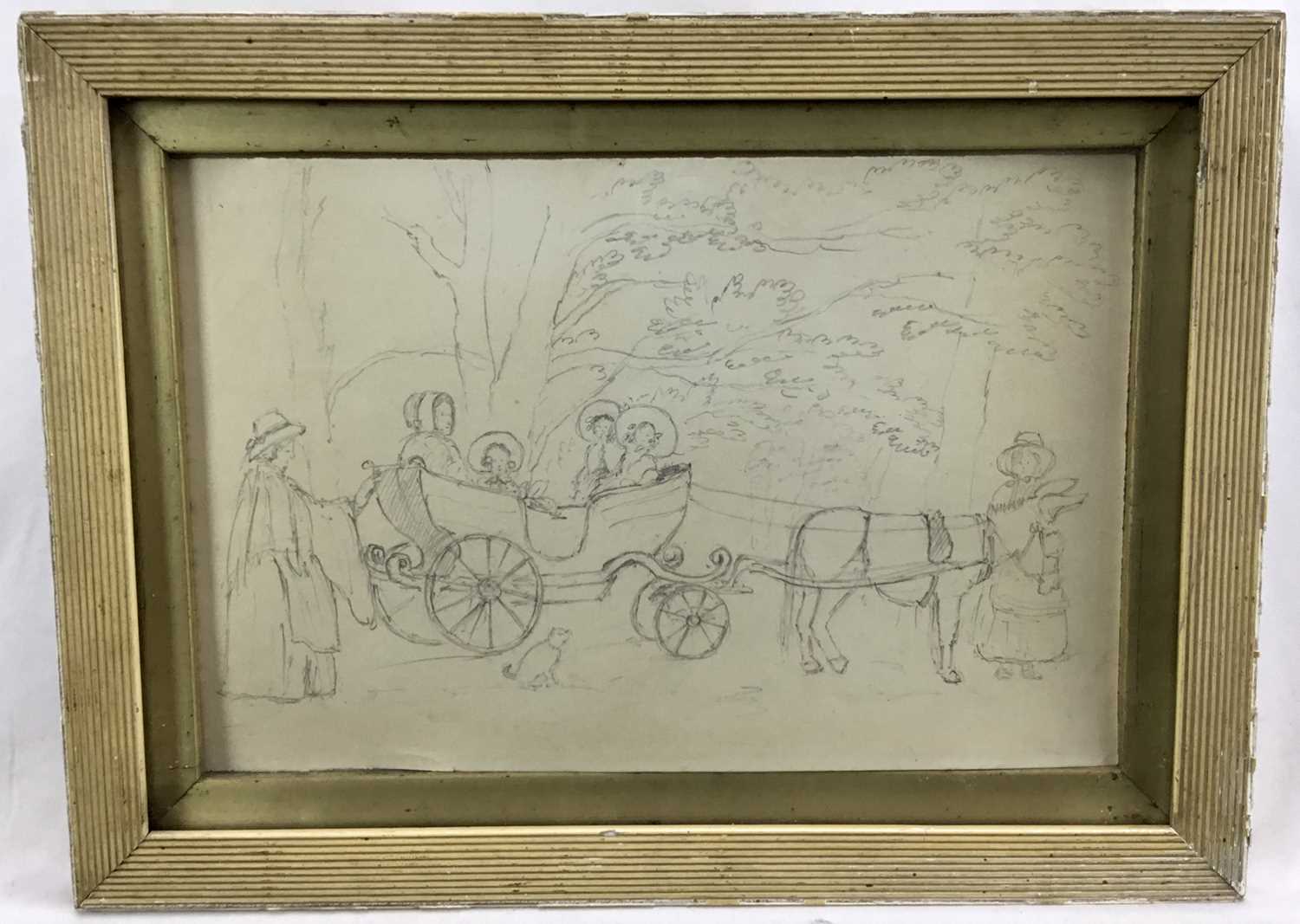 Lot 68 - Early victorian naive school, graphite drawing of a donkey pulling a small childs carriage beside trees, two women leading the donkey. Signed and inscribed verso “May 24th 1853”. In period white la...