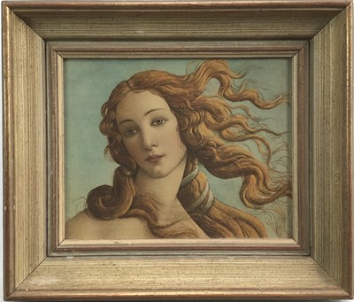 Lot 171 - Pre-Raphaelite decorative print on board after Sandro Botticelli, “The birth of Venus”. In panted and gilt frame. Overall including frame 31.5x36.5cm