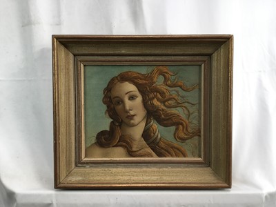 Lot 171 - Pre-Raphaelite decorative print on board after Sandro Botticelli, “The birth of Venus”. In panted and gilt frame. Overall including frame 31.5x36.5cm