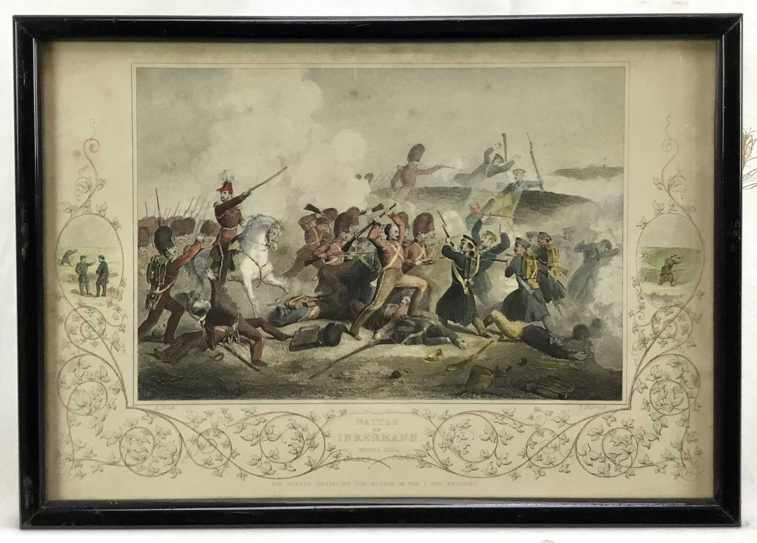 Lot 73 - 19th century coloured engraving. “Battle of Inkermann, November 5th 1854, the Guards resisting the attack on the two gun redoubt”, by R Hind and T Sherratt. Framed. Overall including frame 19x26.5c...