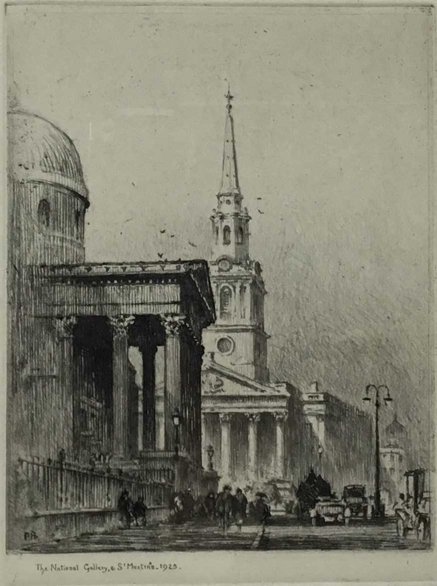 Lot 63 - Percy Robertson R.E, British 1868-1934, etching “The National Gallery & St Martin’s, 1925”, initialed and titled, overall 31cm x 26cm