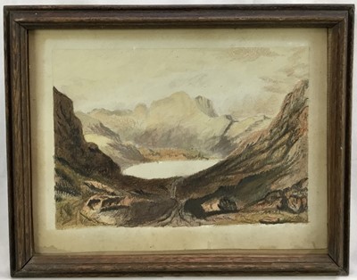 Lot 74 - Early 19th century British School. Pastel, mountainous landscape with lake. In oak frame. Overall including frame 20x25cm