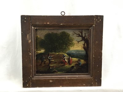 Lot 60 - 17th or 18th century School. Oil on board, figures dancing amongst trees on a hill overlooking the sea. In a faux grain painted wood frame. Overall including frame 21x24cm