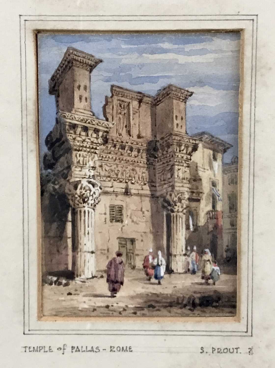 Lot 58 - Circle of Samuel Prout, 1783-1852. Watercolour, inscribed to mount “Temple of Pallas - Rome”. Framed and mounted. Overall including frame 27.5x22.5cm