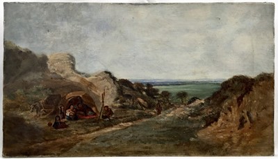 Lot 96 - 19th century oil on canvas, nomadic people camping with donkey and cart. Unframed. 20.5x35.5cm