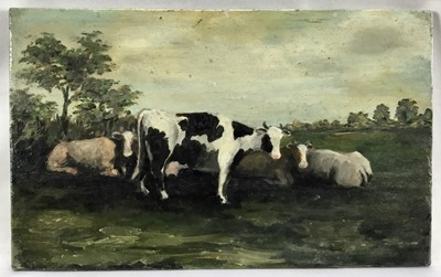 Lot 76 - 19th century naive oil on panel, a group of cows,  13x21cm, unframed