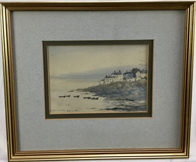 Lot 75 - Victorian watercolour, view of the village of Portscatho, Cornwall, with fishing boats moored along a beach. Inscribed and dated “Portscatho Aug. 14. 88.”. Mounted and framed. Overall including fra...