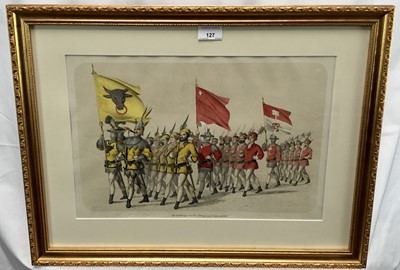 Lot 127 - Pair of decorative lithographs, military processions, “Die Thuner” and “Der Hulfszug von Uri, Schwyz und Unterwalden”. Mounted and framed. Overall including frames 35.5x59.5cm