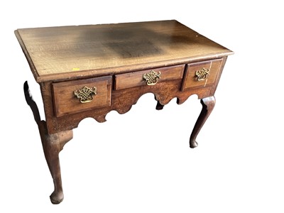 Lot 1342 - Nineteenth century oak lowboy with three drawers on cabriole legs, 101cm wide, 54cm deep, 73cm high