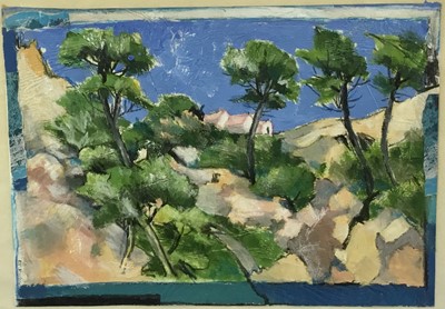 Lot 162 - 20th century mixed media study in the manner of Cezanne, a mountainous landscape with trees. Signed lower left. Framed. Overall including frame 57x77cm
