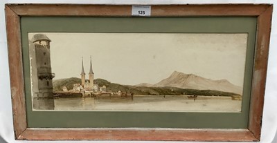 Lot 125 - 19th century watercolour, continental port with towers and mountainous landscape. Signed lower right. Mounted and in pained frame. Overall including frame 29.5x53.5cm