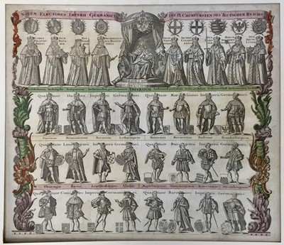 Lot 288 - 18th century coloured engraving. “Electores Imperii Germanici Die IX Churfursten Des Teutschen Reichs”, c.1750. Showing the Emperor of the Holy Roman Empire enthroned, with dignitaries. Mounted. Ov...