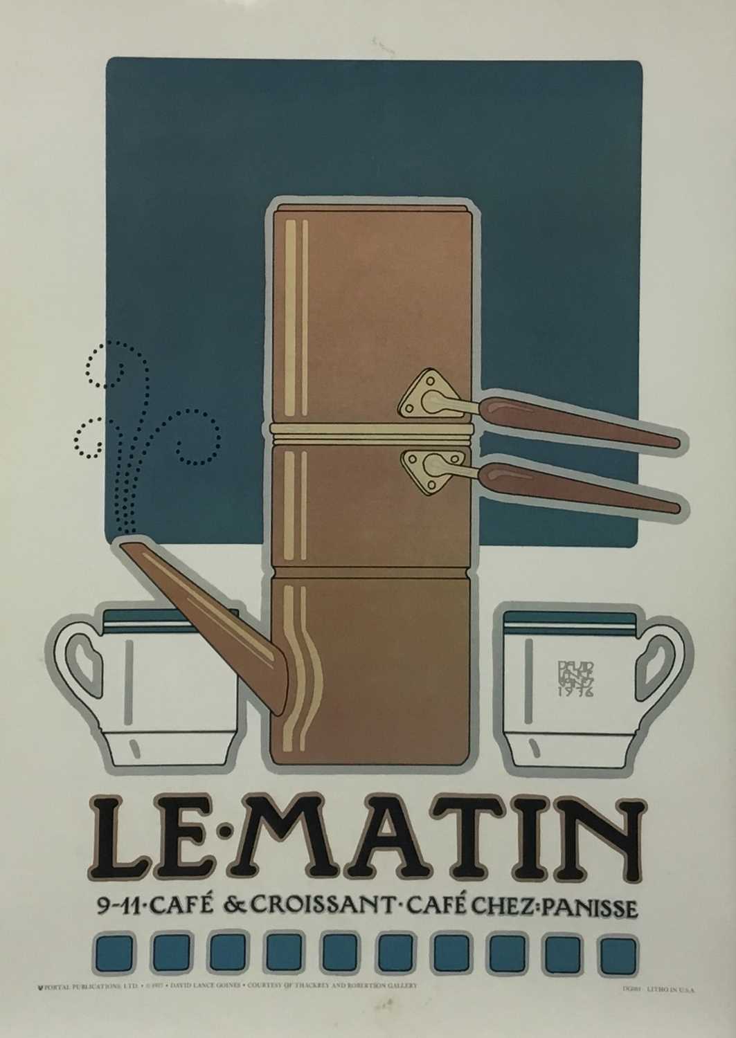 Lot 154 - Vintage advertising cafe lithograph poster, “Le. Matin, 9-11 Cafe & Croissant. Cafe Chez: Panisse”. Artwork by David Lance Goines. Issued by Portal Publications Ltd, 1977. Overall including frame 7...