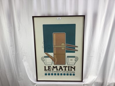 Lot 154 - Vintage advertising cafe lithograph poster, “Le. Matin, 9-11 Cafe & Croissant. Cafe Chez: Panisse”. Artwork by David Lance Goines. Issued by Portal Publications Ltd, 1977. Overall including frame 7...