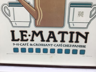 Lot 154 - Vintage advertising cafe lithograph poster, “Le. Matin, 9-11 Cafe & Croissant. Cafe Chez: Panisse”. Artwork by David Lance Goines. Issued by Portal Publications Ltd, 1977. Overall including frame 7...