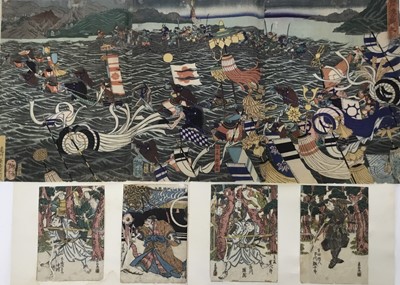 Lot 197 - 19th century Japanese woodblock print. Possibly Tsukioka Yoshitoshi, 1839-92. A triptych showing a scene of soldiers crossing a body of water. Each woodblock signed with character marks. 33x72cm. A...