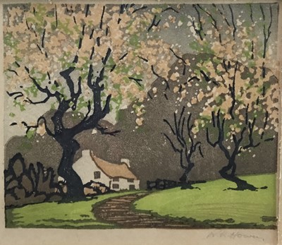 Lot 88 - In the manner of Gustave Baumann, early 20th century woodblock, blossom trees with cottage. Signed in pencil lower right. Mounted and framed. Overall including frame 37.5x32cm