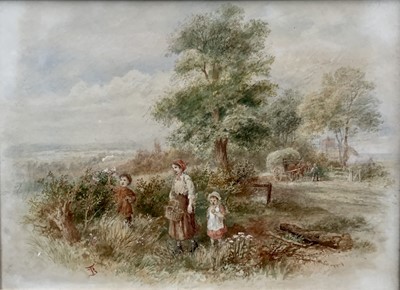 Lot 175 - 19th century British School, watercolour of a mother and children foraging in a countryside landscape, tree and hay wagon in the background. Signed with monogram lower left. Mounted and framed. Ove...