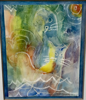 Lot 183 - Ophelia Redpath, British, b.1965. Wax resistance on paper, a cat and seals. Signed lower right. Mounted and framed. Overall including frame 45x39.5cm