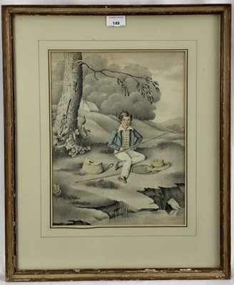 Lot 149 - Early to mid 19th century watercolour and graphite on paper, a young boy seated by a tree and fishing on a riverbank. Framed and mounted. Overall including frame 56.5x46cm