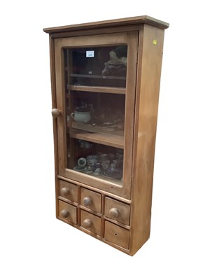 Lot 1355 - Pine hanging cabinet with shelved interior enclosed by glazed door with six drawers below, 49.5cm wide, 17.5cm deep, 91cm high